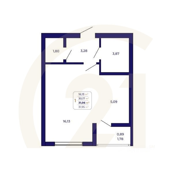 1-комн. квартира, 31,06 м²в ЖК «Паруса»