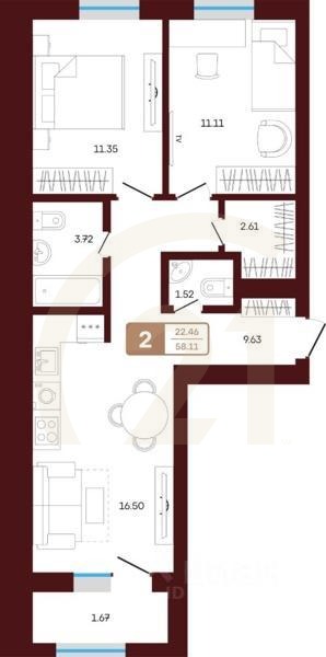 2-комн. квартира, 58,11 м²в ЖК «ЯРАТАУ»