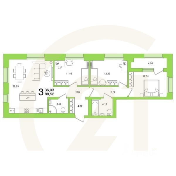 3-комн. квартира, 88,52 м²в ЖК «Новый Империал»