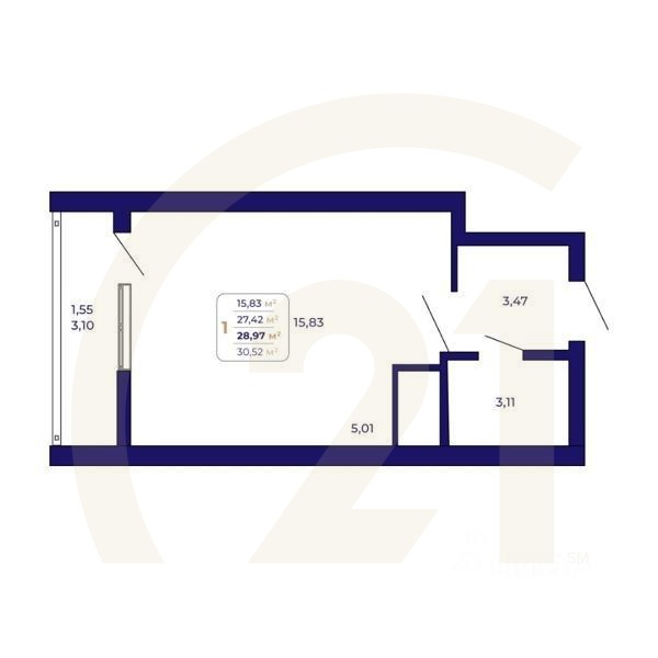 1-комн. квартира, 28,97 м²в ЖК «Паруса»