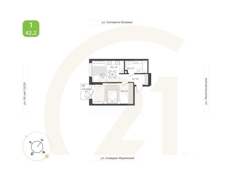 1-комн. квартира, 42,2 м²в ЖК «Бионика Парк»