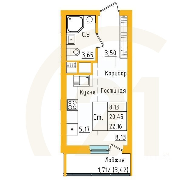студия, 22,16 м²
