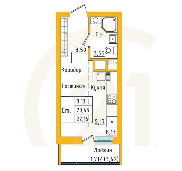 студия, 22,15 м²
