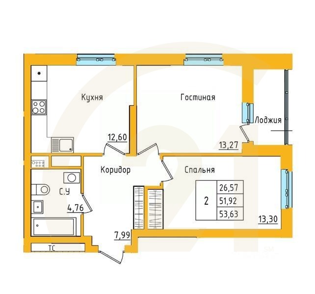 2-комн. квартира, 53,63 м²в ЖК «Акварель»