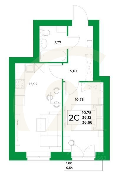 2-комн, 36,66 м²