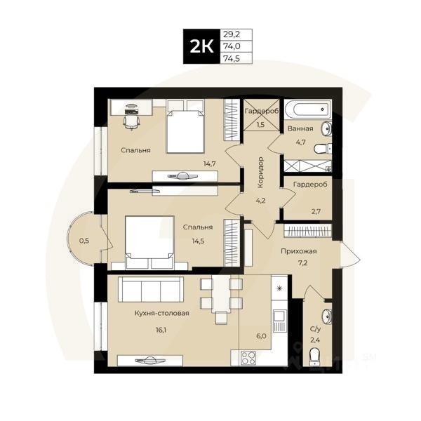 2-комн. квартира, 74 м²в ЖК «Ленинские высотки»