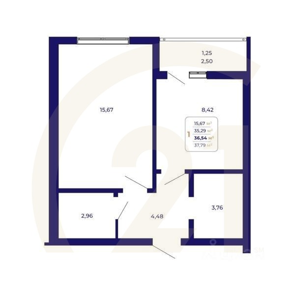 1-комн. квартира, 36,54 м²в ЖК «Паруса»