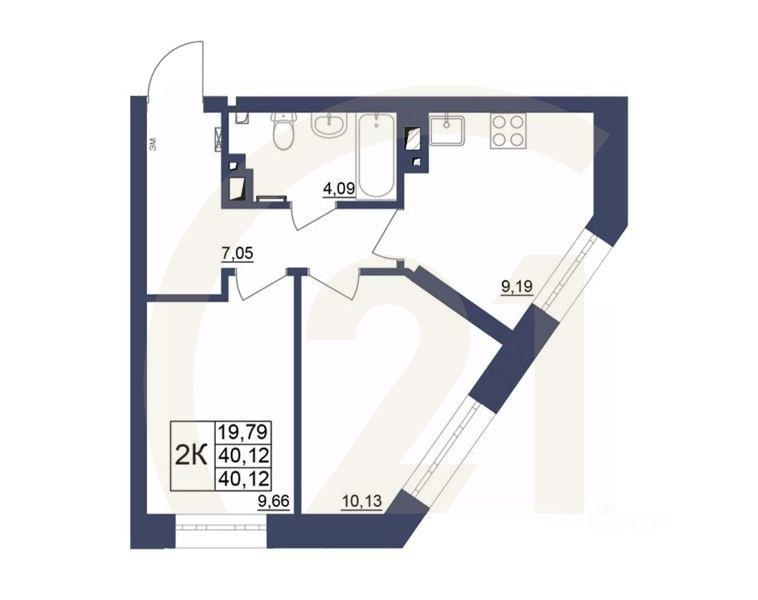 2-комн. квартира, 40,12 м²в ЖК «Космос»