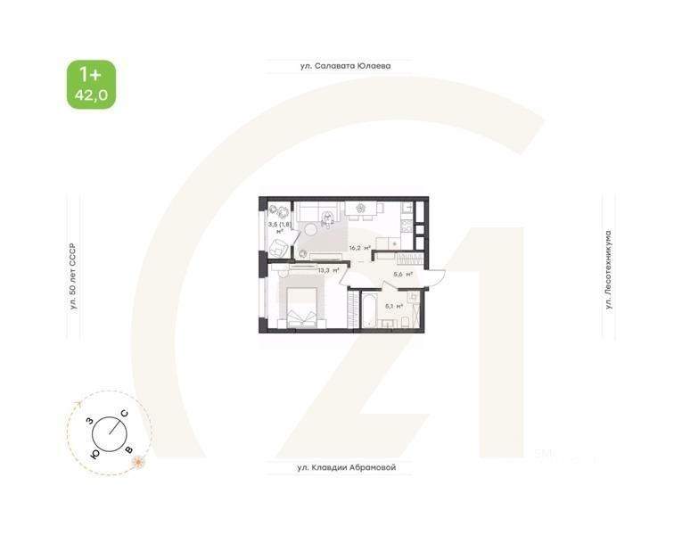 1-комн. квартира, 42 м²в ЖК «Бионика Парк»