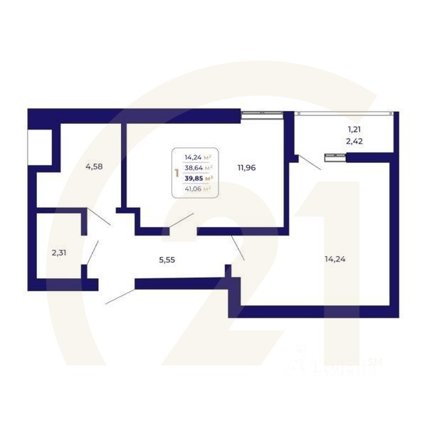 1-комн. квартира, 39,85 м²в ЖК «Паруса»
