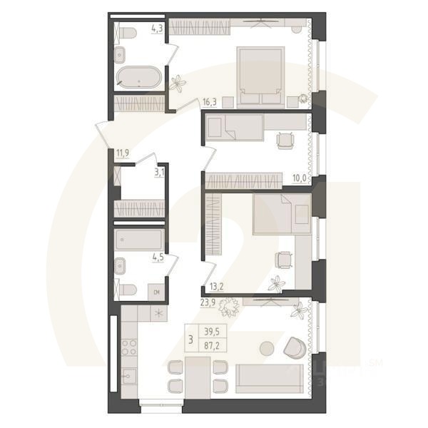 3-комн. квартира, 87,2 м²в ЖК «Новый Империал»