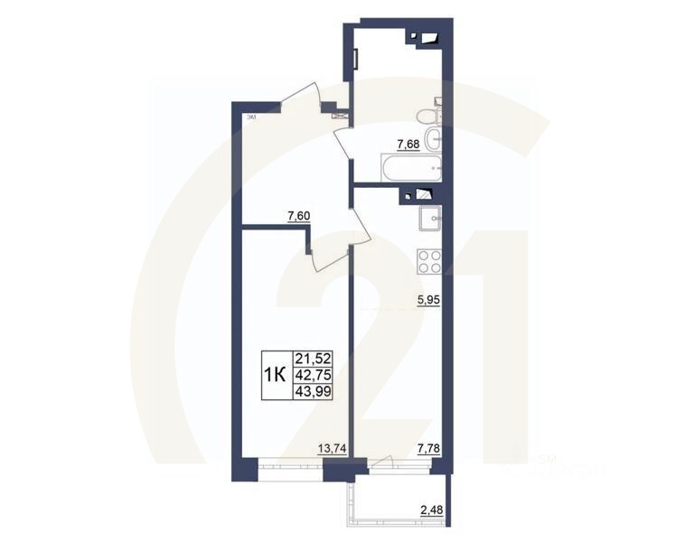 1-комн. квартира, 43,99 м²в ЖК «Космос»