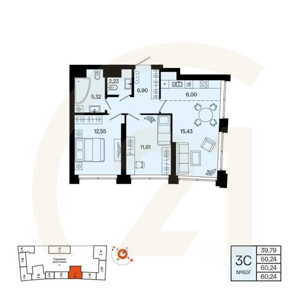 3-комн. квартира, 60,24 м²в ЖК «Первый остров»