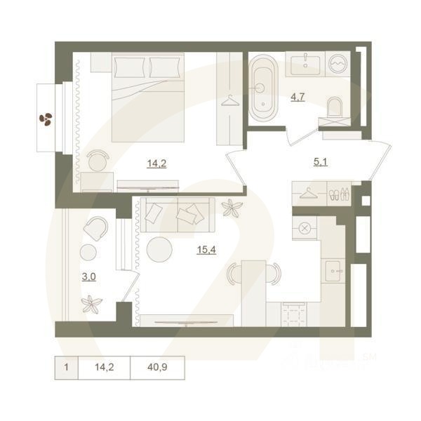 1-комн. квартира, 40,9 м²в ЖК «Квартал «Родина Парк»