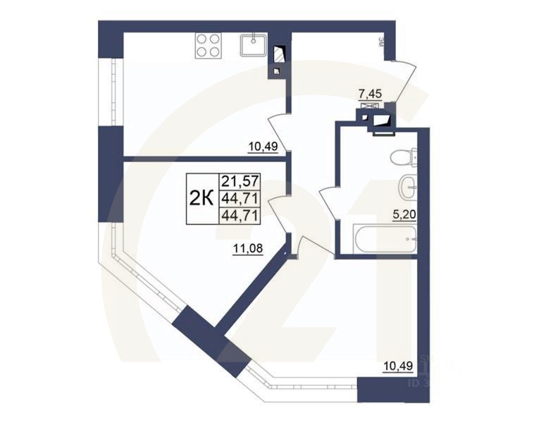 2-комн. квартира, 44,91 м²в ЖК «Космос»