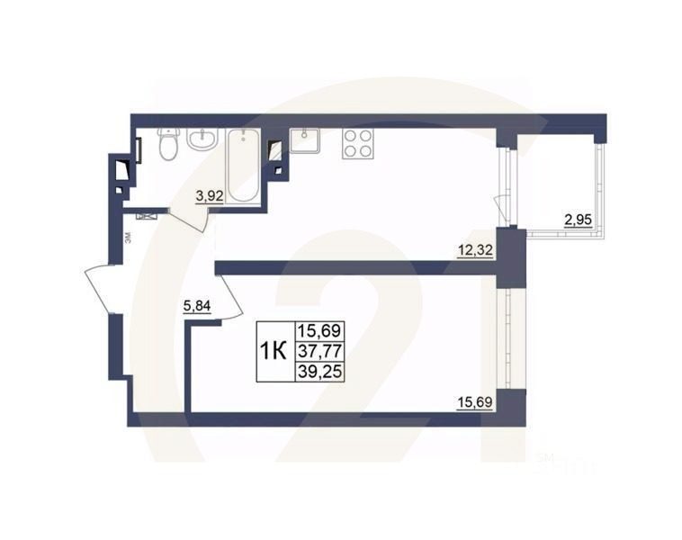1-комн. квартира, 39,25 м²