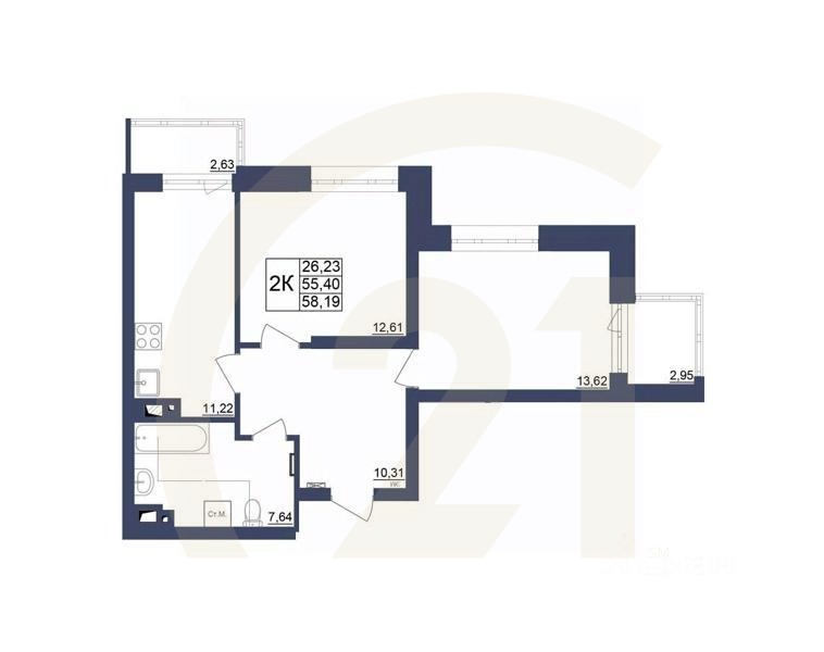 2-комн. квартира, 58,32 м²в ЖК «Космос»