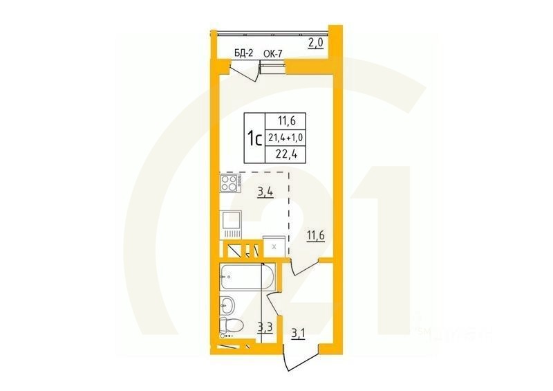 1-комн. квартира, 22,3 м²