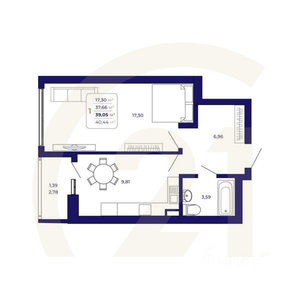 1-комн. квартира, 39,05 м²в ЖК «Паруса»