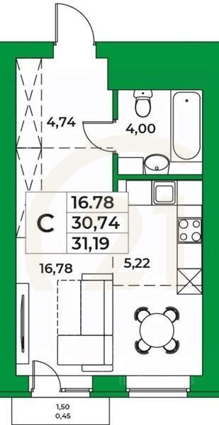 Студия, 31,19 м²
