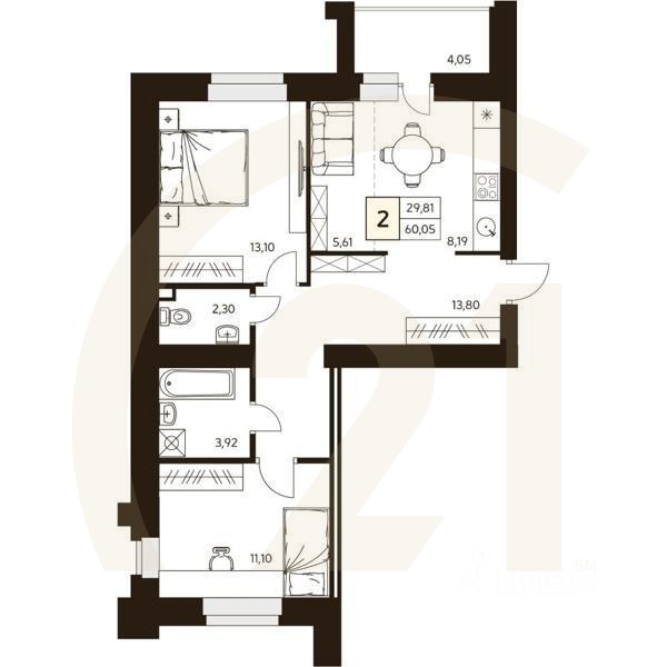 2-комн. квартира, 60,05 м²в ЖК «MATUR»