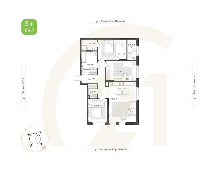 3-комн. квартира, 89,1 м²в ЖК «Бионика Парк»
