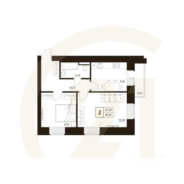 2-комн. квартира, 51,7 м²в ЖК «MATUR»