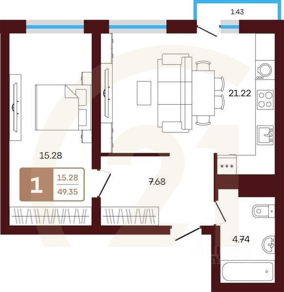 1-комн, 49,35 м²в ЖК «ЯРАТАУ»