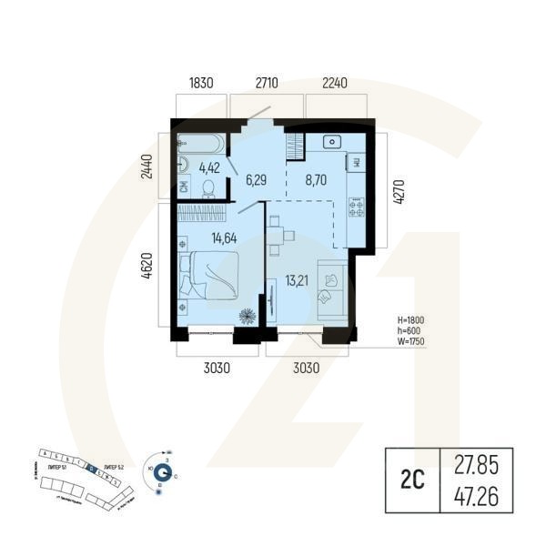 2-комн. квартира, 47,26 м²в ЖК «Новатор»