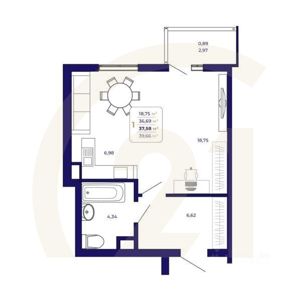 1-комн. квартира, 37,58 м²в ЖК «Паруса»