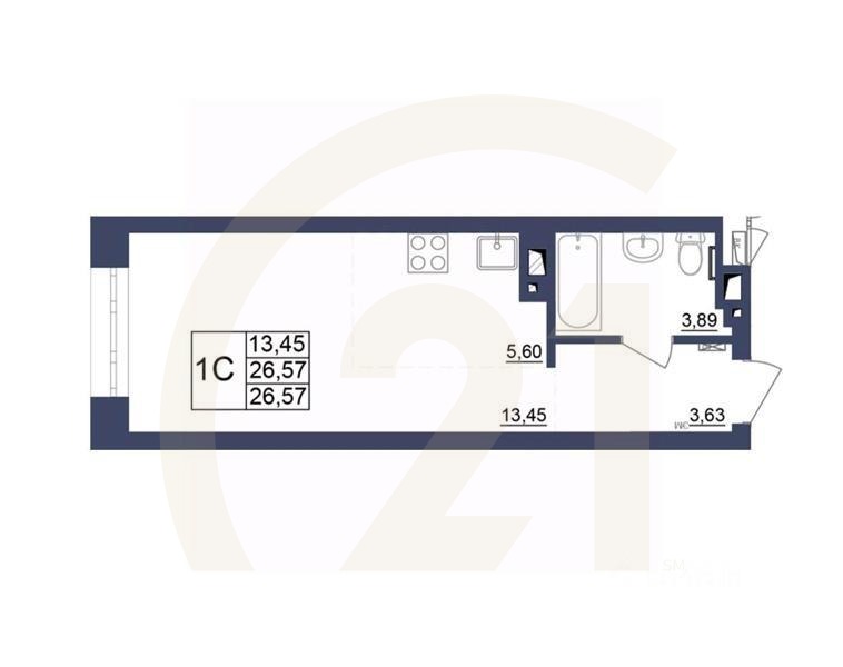 1-комн, 26,57 м²в ЖК «Космос»