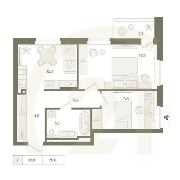 2-комн. квартира, 56,6 м²в ЖК «Квартал «Родина Парк»