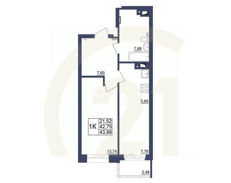 1-комн. квартира, 43,64 м²