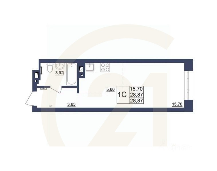 1-комн, 28,87 м²в ЖК «Космос»