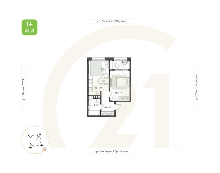 1-комн. квартира, 41,4 м²в ЖК «Бионика Парк»