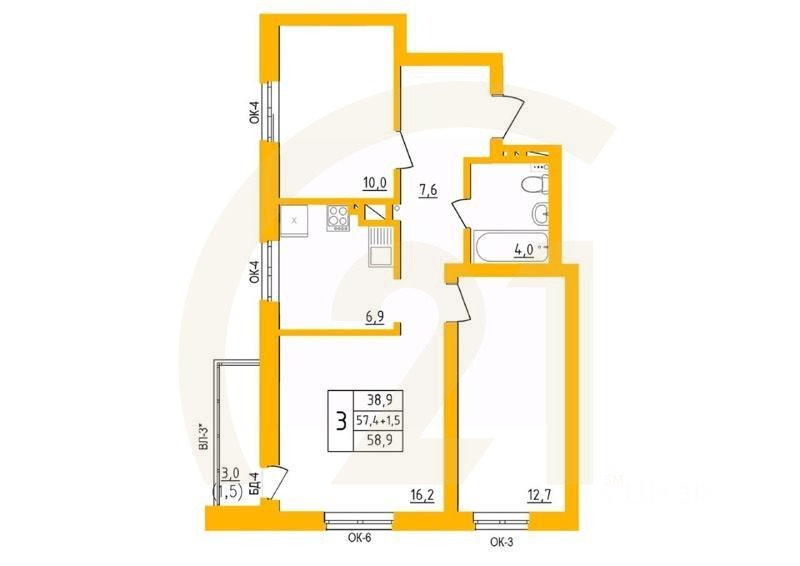 3-комн. квартира, 58,9 м²