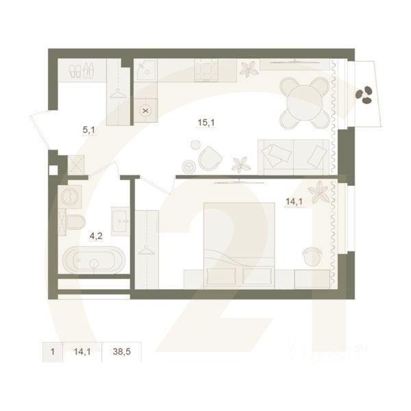 1-комн. квартира, 38,5 м²в ЖК «Квартал «Родина Парк»