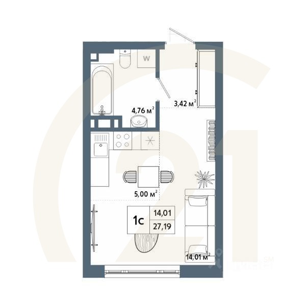 1-комн, 27,12 м²в ЖК «Крылья»