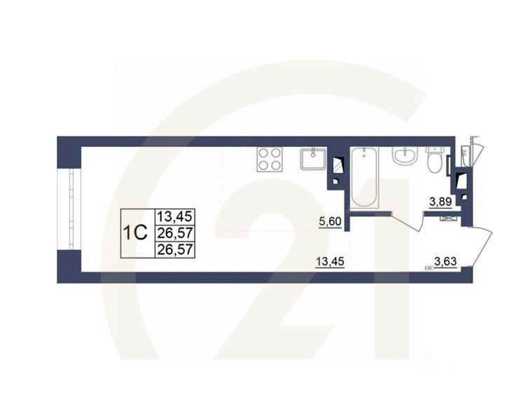 1-комн, 26,39 м²в ЖК «Космос»