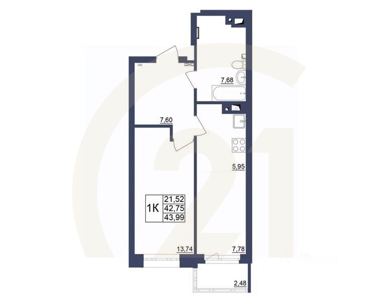 1-комн. квартира, 43,78 м²в ЖК «Космос»