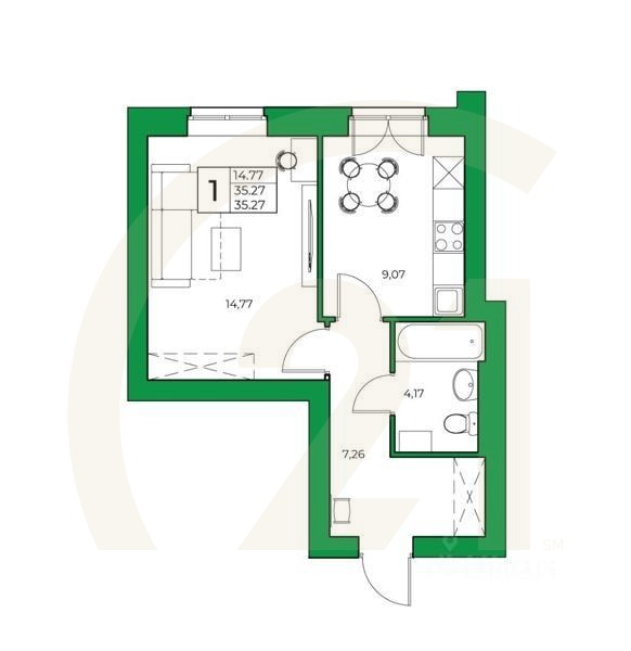 1-комн. квартира, 35,27 м²
