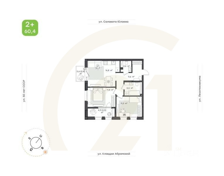 2-комн. квартира, 60,4 м²в ЖК «Бионика Парк»