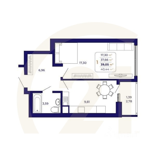 1-комн. квартира, 39,05 м²в ЖК «Паруса»