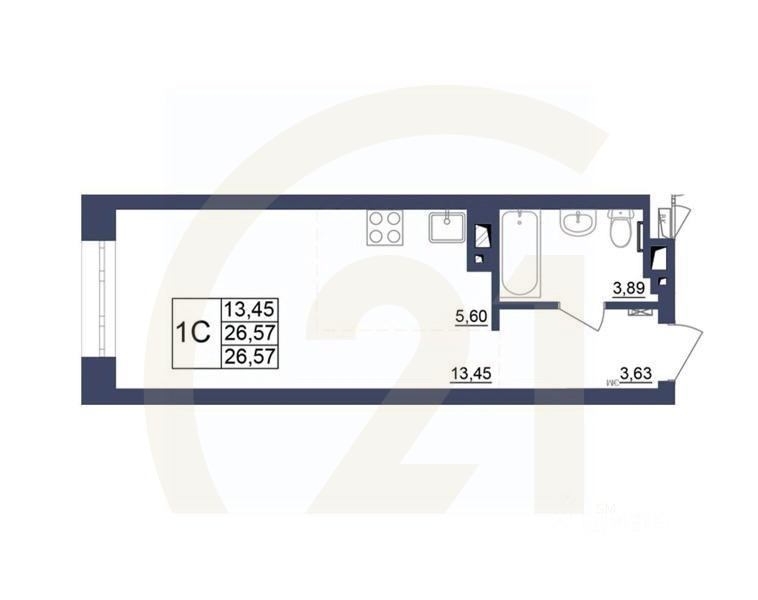 1-комн, 26,39 м²