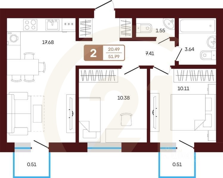 2-комн. квартира, 51,79 м²в ЖК «ЯРАТАУ»