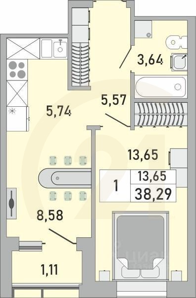 1-комн. квартира, 38,29 м²в ЖК «Платинум»