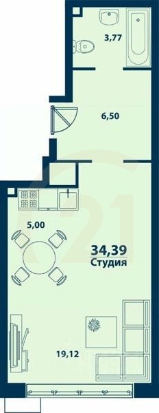 Студия, 34,39 м²в ЖК «Город природы»