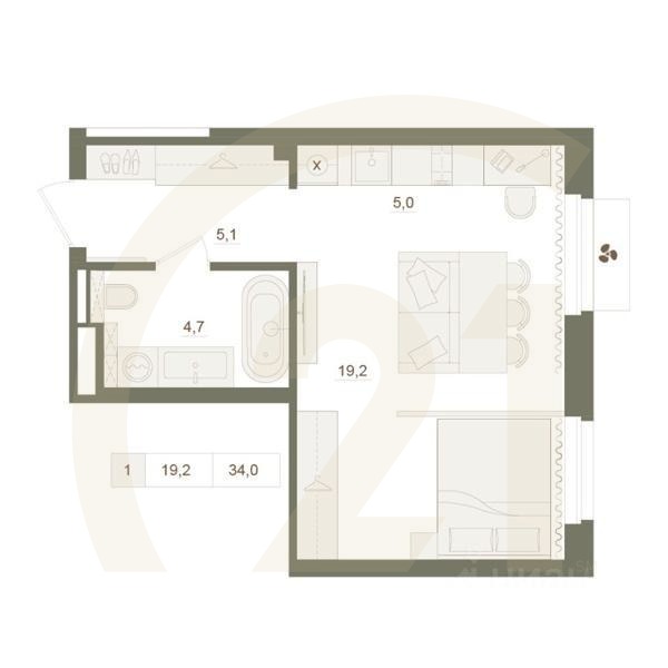 1-комн. квартира, 34 м²в ЖК «Квартал «Родина Парк»