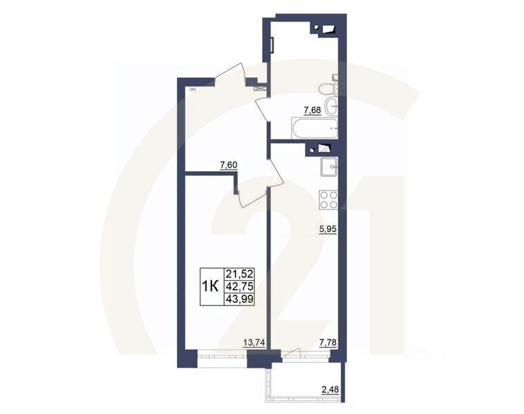 1-комн. квартира, 43,99 м²в ЖК «Космос»