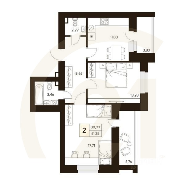 2-комн. квартира, 61,28 м²в ЖК «MATUR»